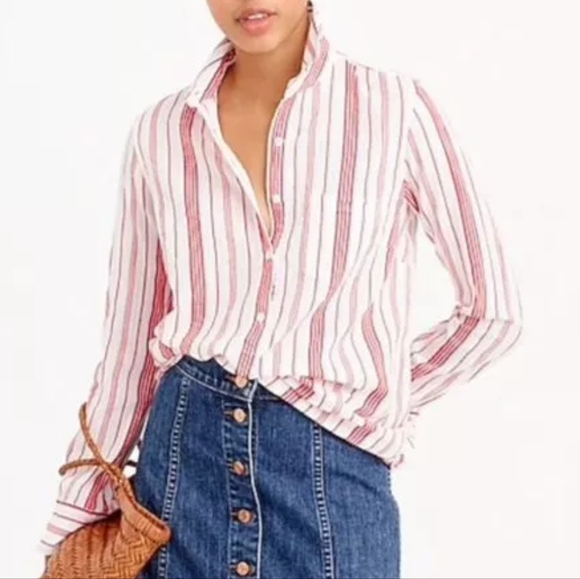 J. Crew Classic Popover Top in Red and White Striped Cotton Gauze Size 4 - Picture 1 of 14